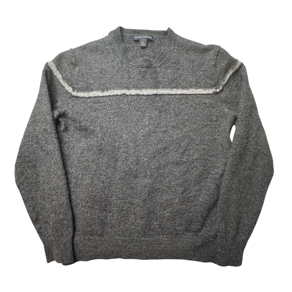 Vintage Banana Republic Sweater Boys‎ M Gray 100% Wool Crewneck Contrast Stripe